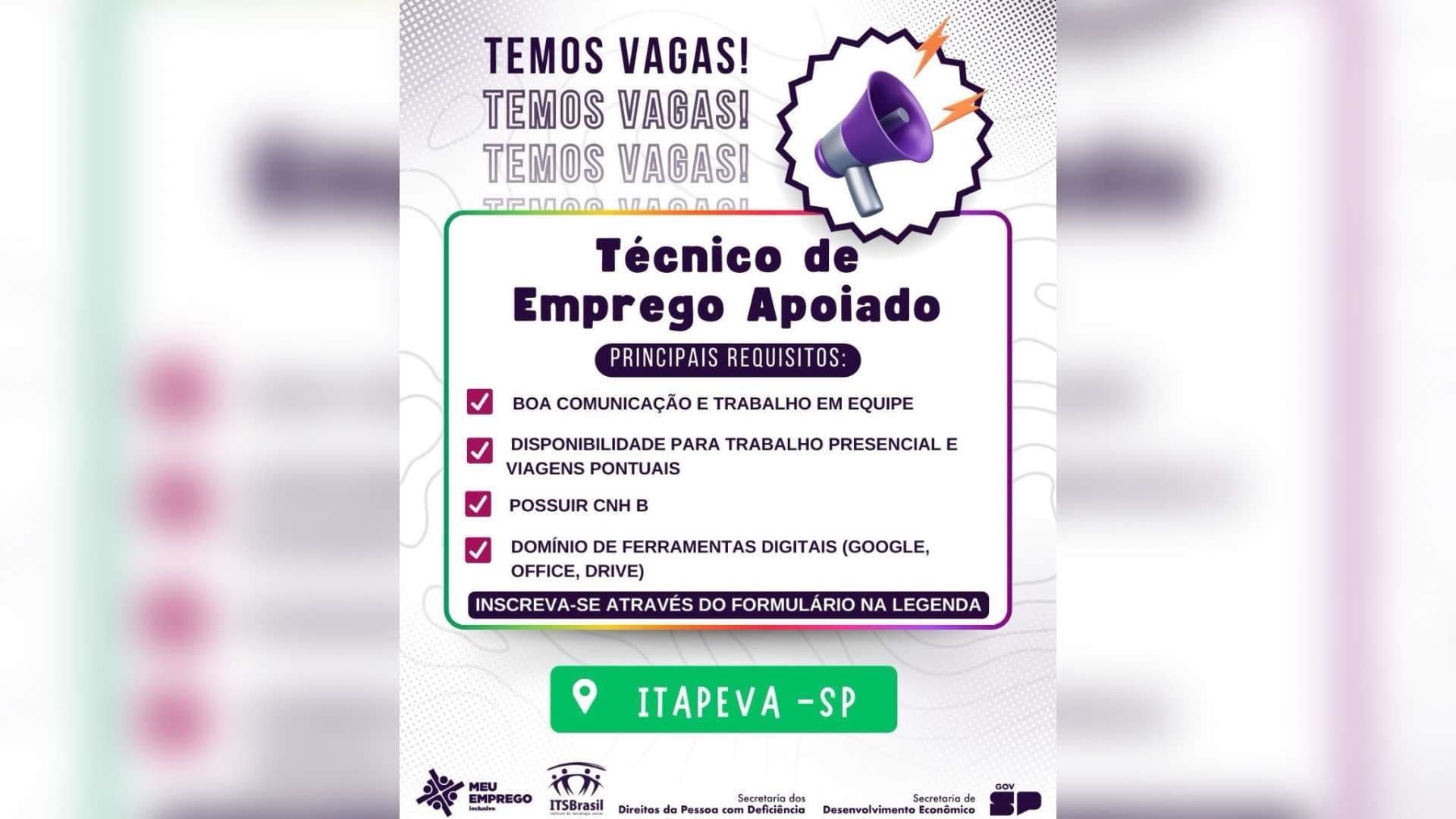 VAGA ABERTA | Itapeva (SP) Profissional Técnico de Emprego Apoiado